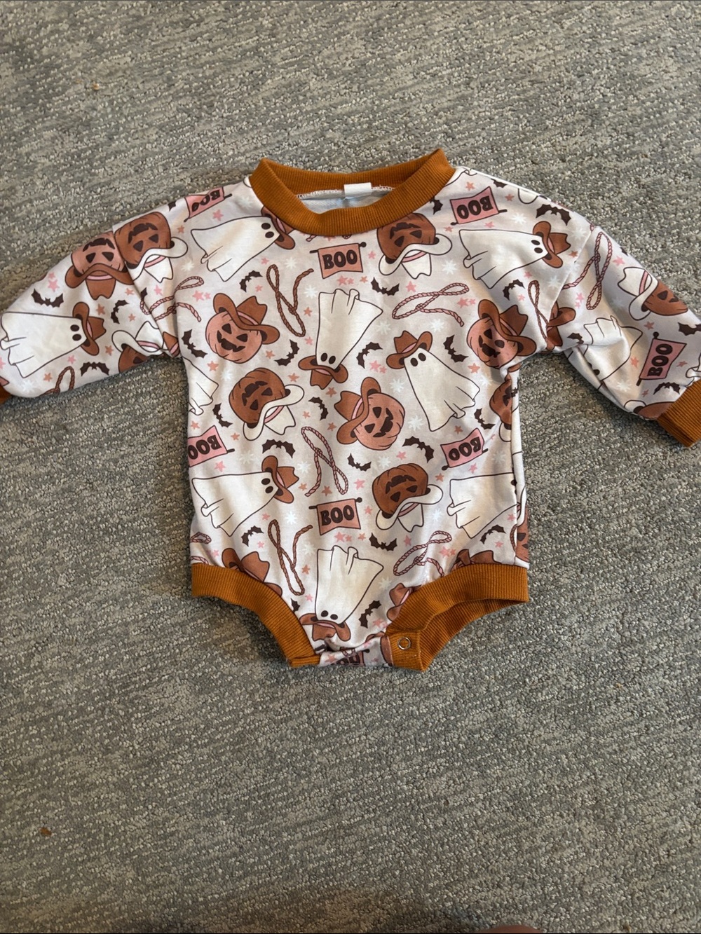 Cowboy Pumpkin & Ghost Print One-Piece in Rust Trim